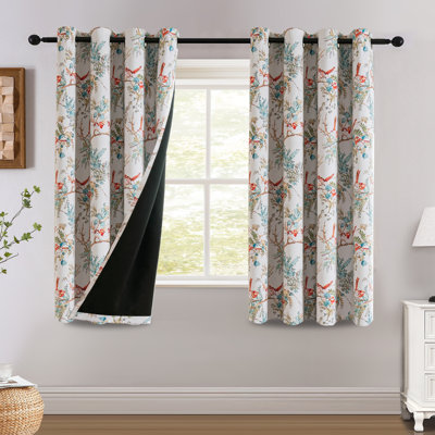 100% Blackout Curtains 2 Panels Set Hummingbird Floral Printed Drapes for Bedroom with 
