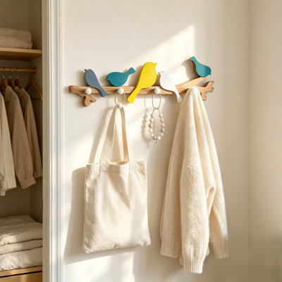 Crochet mural décoratif en bois naturel couleur oiseau, pour manteaux et chapeaux, idéal pour la maison et les commerces.