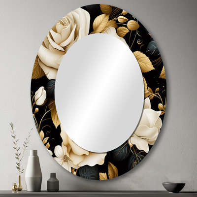 Elegant Beige Rose Harmony - Miroir décoratif floral ovale sur métal