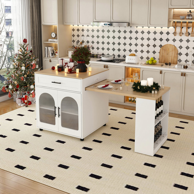 Îlot de cuisine extensible avec table de salle à manger avec prise de courant et 2 tiroirs