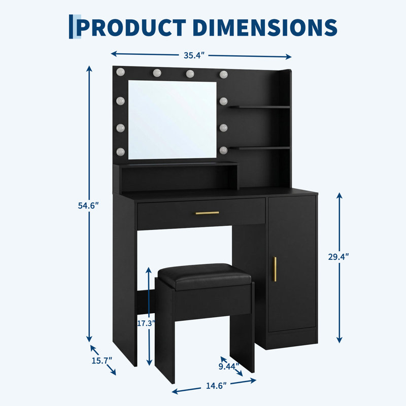 Vanity Desk with 3-Level Dimmable LED Mirror, Black