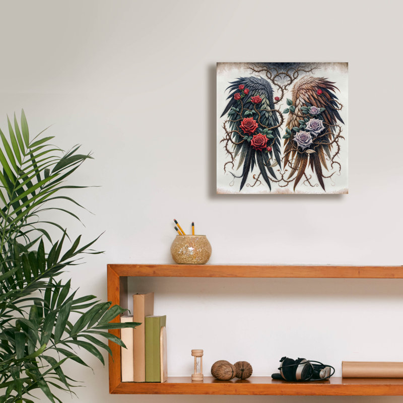 Toile épique «Wings and Roses White» par Rey Klimt, 12 po x 12 po, H 12 po x l 12 po