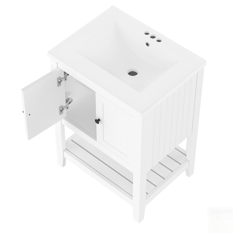 Meuble-lavabo moderne blanc avec lavabo en céramique et tablette ouverte, structure en bois massif pour un rangement élégant