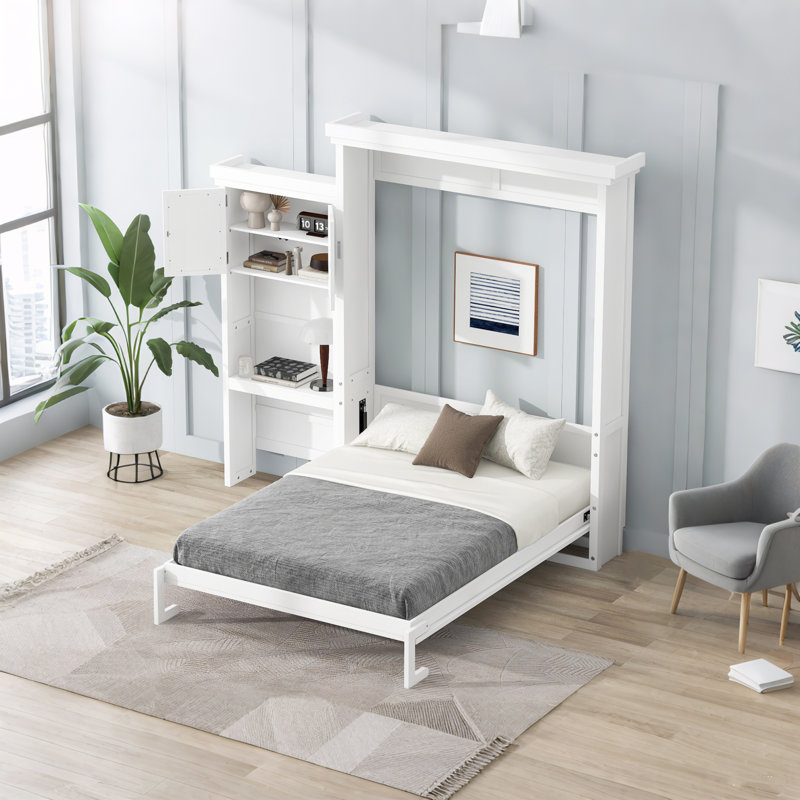 Lit escamotable avec plusieurs tablettes de rangement et décoration à persiennes, Blanc