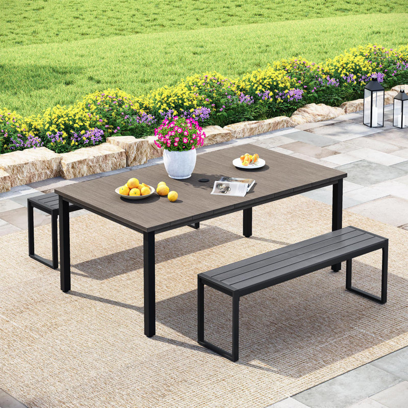 Ensemble de salle à manger de patio avec table de salle à manger rectangulaire et 2 bancs en faux bois, Bois brossé gris