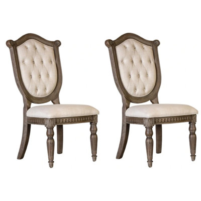 Hama Side Dining Chair Set Of 2, Weathered Wood, Tufted Beige Fabric