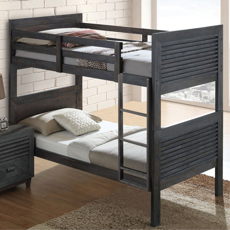 Lit simple superposé au-dessus de style transitionnel avec bois franc massif brun anthracite réversible, conception à lattes, tête de lit à panneaux et joint, bois franc de décoration de chambre à coucher avec brun et transformation en insert