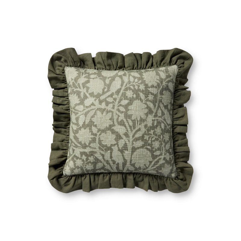 Green Floral Cotton Throw Pillow with Ruffled Edges, 18" x 18"