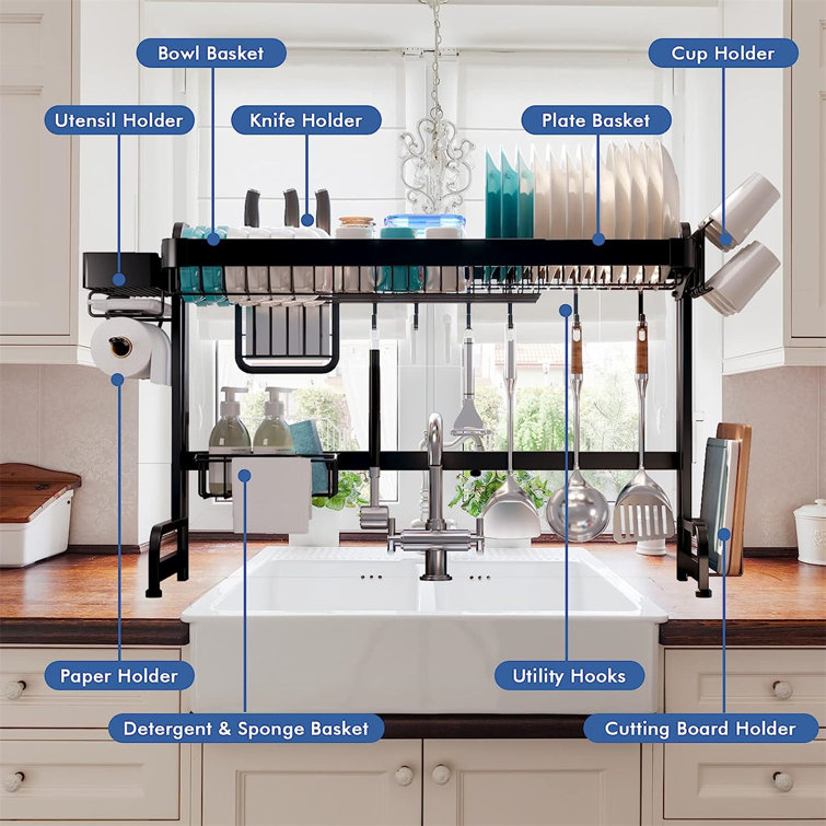 2-Tier Dish Rack with Cup Utensil Holder Cutting Board Knife