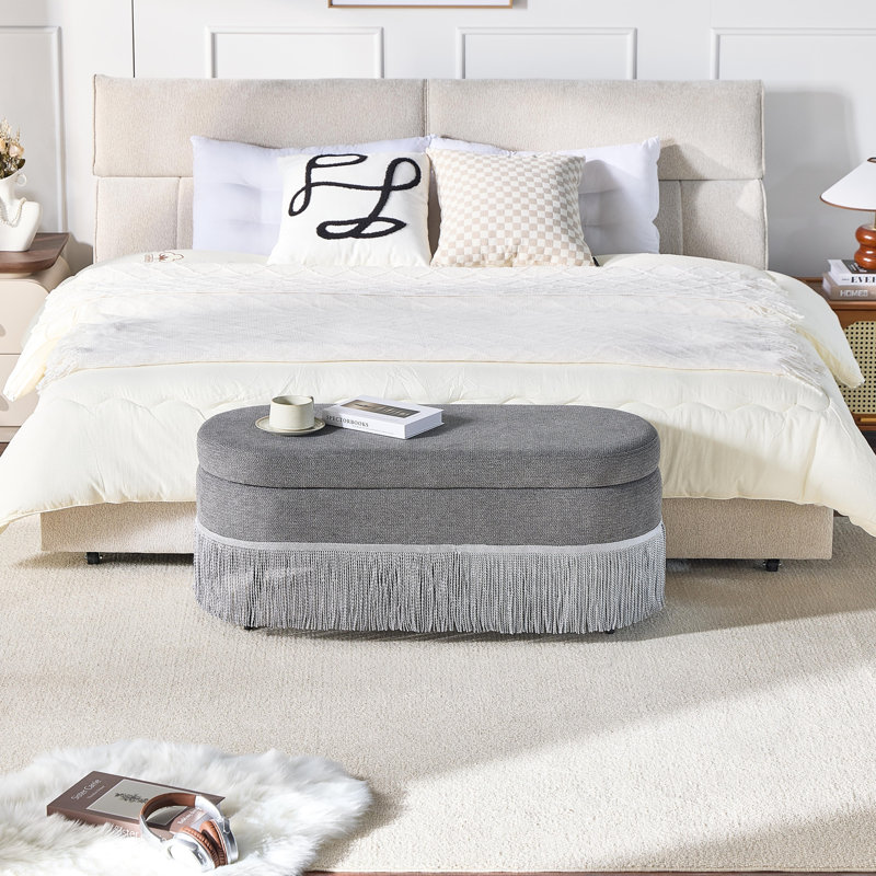 Banc de rangement ovale rembourré avec couvercle relevable, Grey, Grey