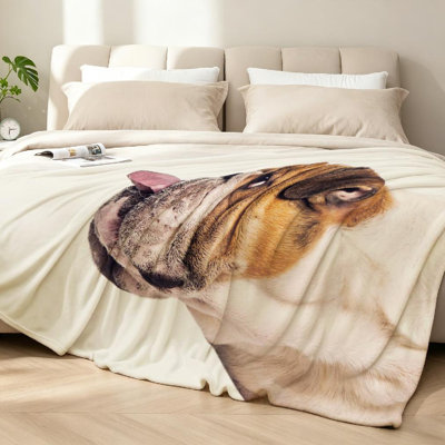 Jeté en molleton beige flanelle ultra doux, imprimé en bulldog anglais