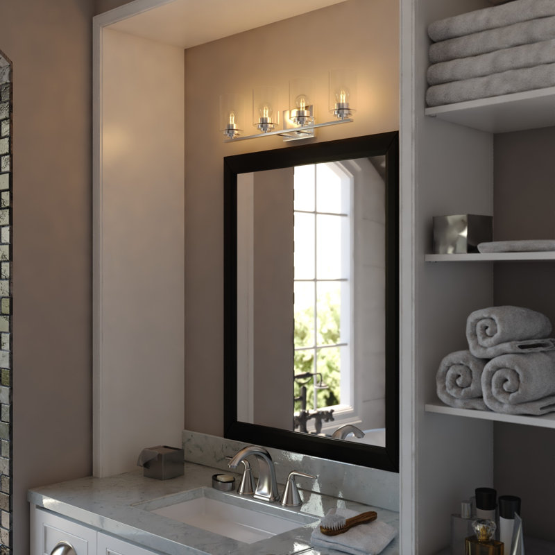 Hitchin Transitional Bathroom Vanity Lighting Fixture, Clear Glass Cylinder Shade, Dimmable, LED Compatible, Reversible Over The Mirror Mounted Steel Wall Sconce