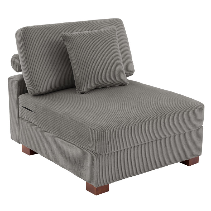 Milbrey Upholstered Light Gray Corduroy Armless Accent Chair with Pillow Back and Solid Wood Legs, Light Gray, Corduroy