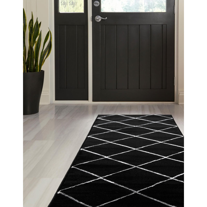 Tapis contemporain noir et argent Etowah, Tapis de couloir 2 pi x 8 pi