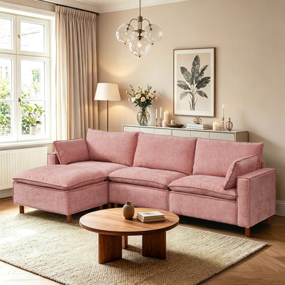 Canapé modulaire en L 108,5 po avec repose-pieds mobile, canapé rembourré en tissu de chenille confortable, canapé en nuage pour salon, appartement, rose