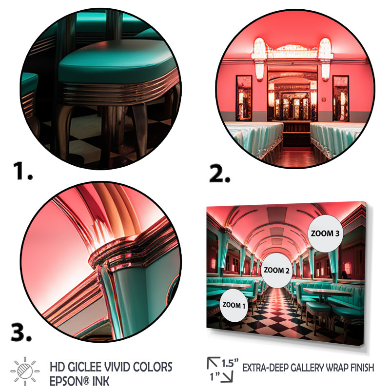 «Pink Nostalgic Tunes Fast Food 1960S Diner - Jukeboxes», art mural, Cadre flottant doré, H 24 po x l 32 po x P 1 po