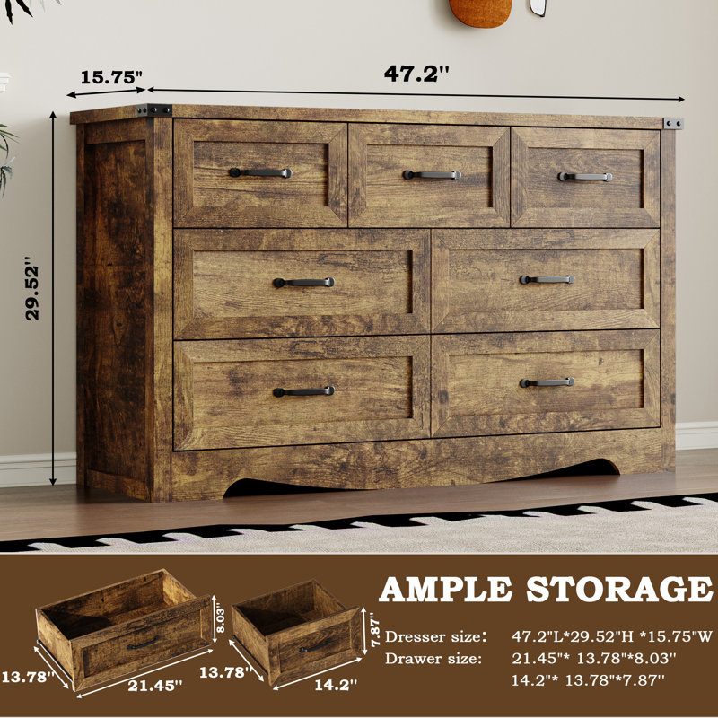 Rustic 7 Drawer Dresser, Brown