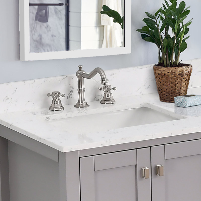 Angela 36'' Single Bathroom Vanity with Engineered Stone Top, White, Gray, Brushed Nickel