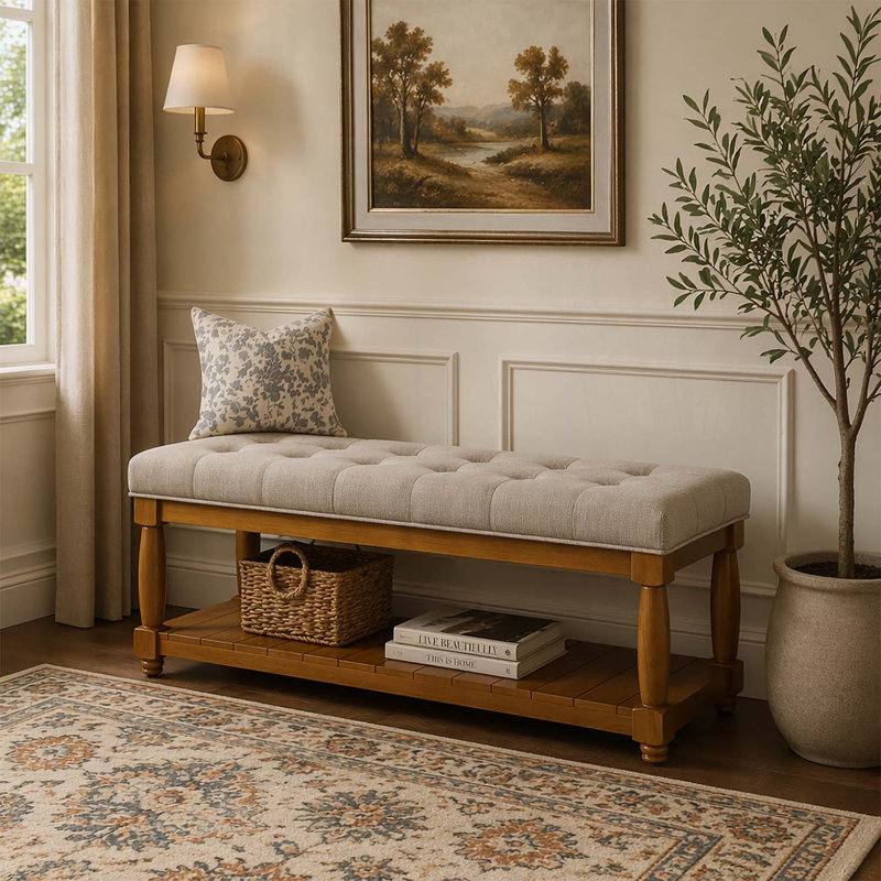 Banc rembourré avec tablette de rangement, Linen+Natural