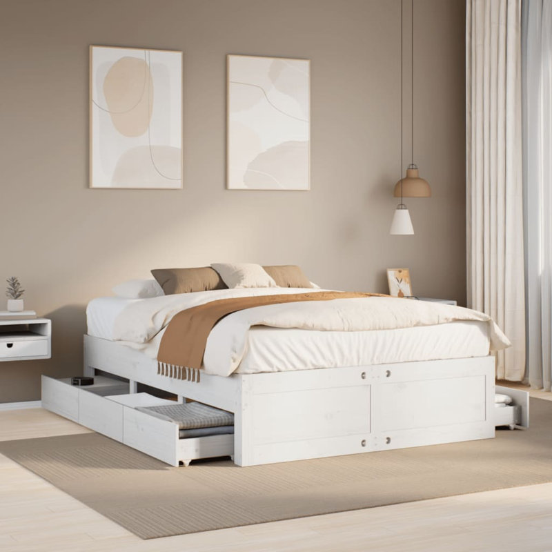 Eldert Solid Wood Storage Bed, 41cm H x 203.5cm W x 143.5cm D, White