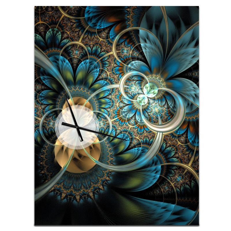 Horloge murale symétrique or bleu et fleur fractale, Très grand