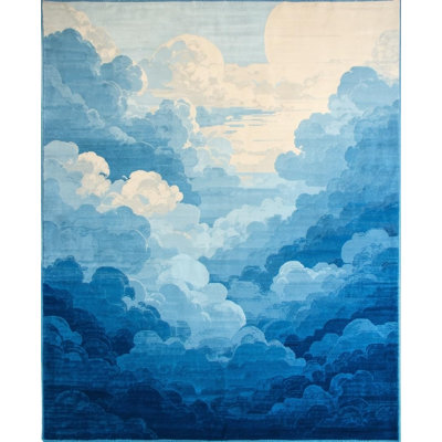 Ultra Soft Area Rug, Non Slip, Stain Resistant, Washable Area Rugs for Living Room, Bedroom, Whimsical Ivory Cloud Motif(Blue)