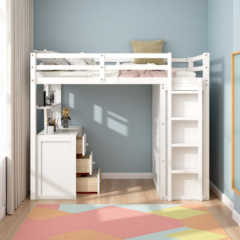 Lit mezzanine avec tiroirs, bureau et garde-robe, Lit simple, Blanc