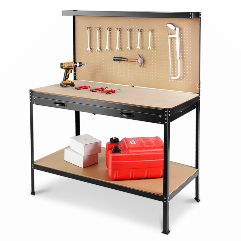63" Tools Cabinet Working Tables Workbench Tool Storage Workshop Table With Drawers And Pegboard