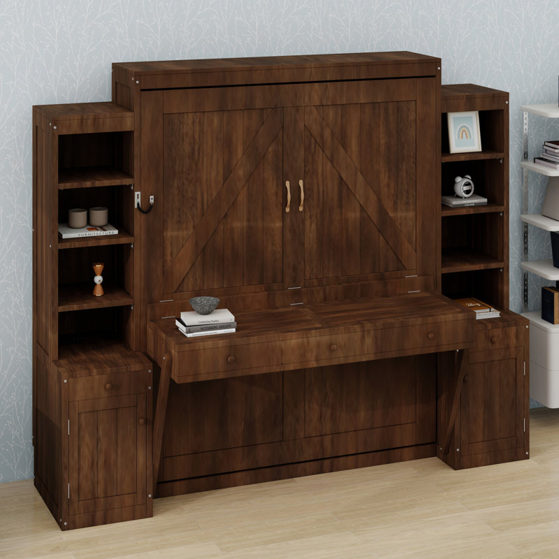 Lit escamotable avec bureau, armoires et tiroirs de rangement, lit escamotable en bois avec tablettes, convertible en armoire