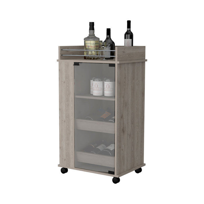 Glass Door Bar Cart with Bottle Holder and Casters Light Gray, Gray