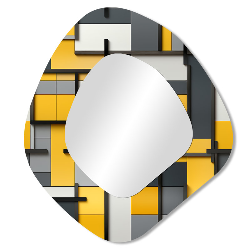 Yellow And Grey Geometric Blocks Harmony - Geometric Unique Shape Large Mirror, Modern Asymmetrical Unique Wall Mirror Decor, Printed Metal Art