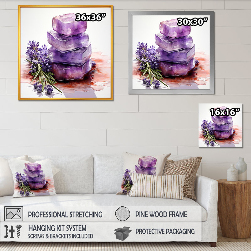 «Mauve lavande batjhroom savon III», impression sur toile lavande, Cadre flottant blanc, H 16 po x l 16 po x P 1 po