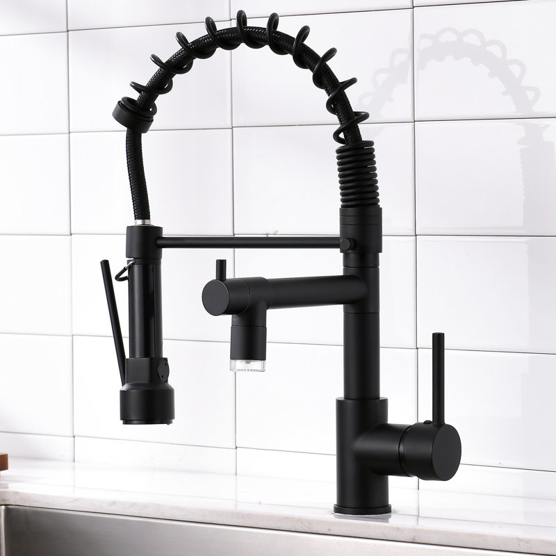 Robinet de cuisine rétractable à DEL - Finition noir mat, levier simple, rotation sur 360 avec noir, poignée, caractéristiques avancées