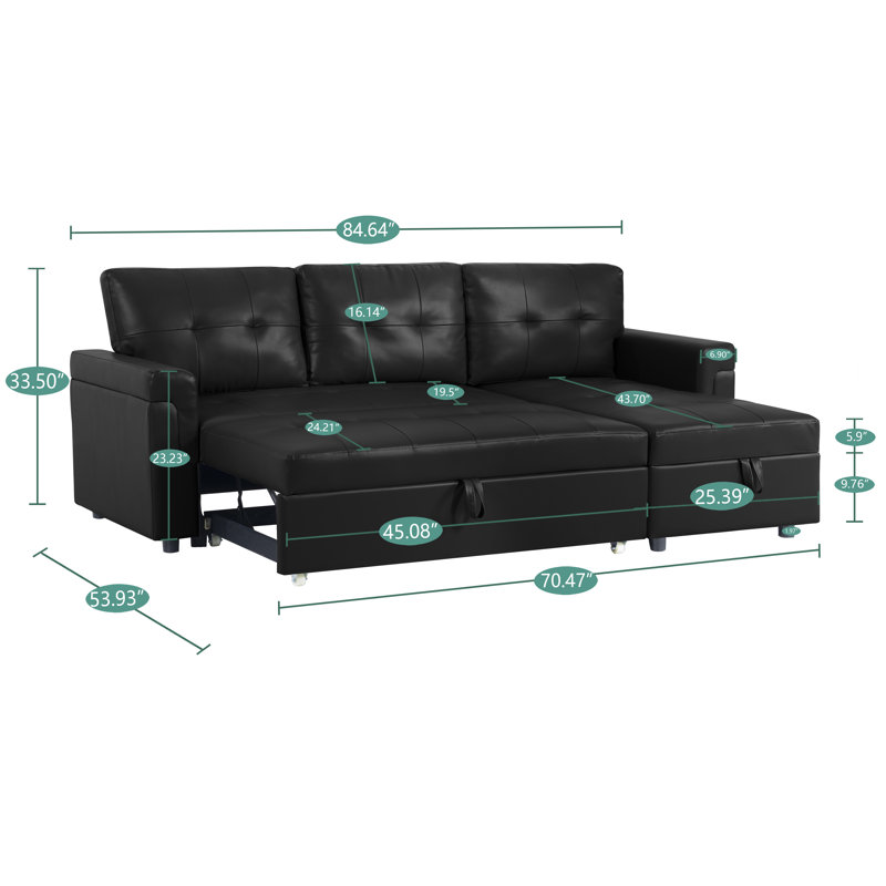 Fane 84" Reversible L-Shaped Sectional Sleeper Sofa Bed, 3 Seater Leather Pull-Out Couch with Storage Chaise, Convertible Sofa for Living Room, Comfort and Extra Space