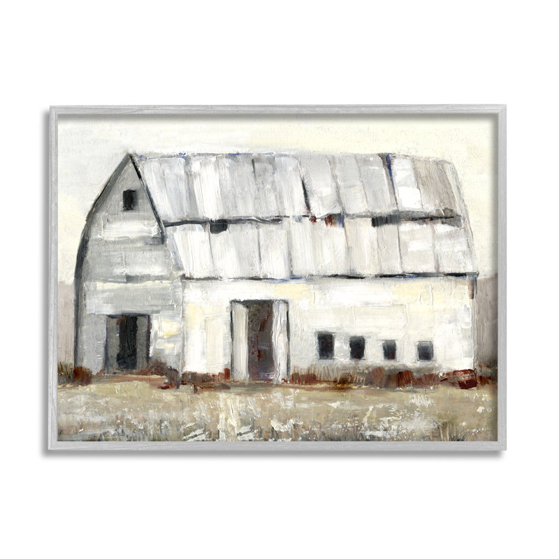«Rustic White Barn parmi campagne campagne» par Sally Swatland - peinture sur toile à cadre flottant