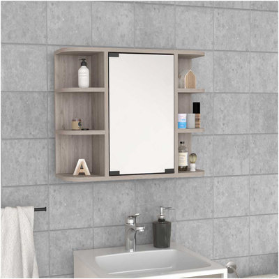 Armoire à pharmacie Milano, miroir à six tablettes extérieures, finition gris clair