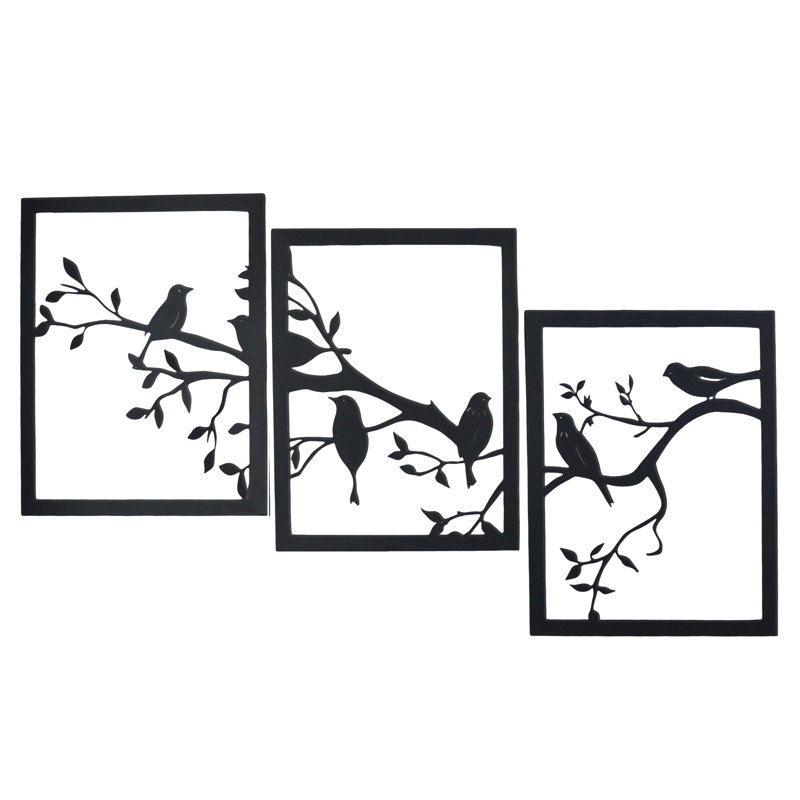 Ensemble de 3 décorations murales en métal oiseau noir sur branche 17,19 po