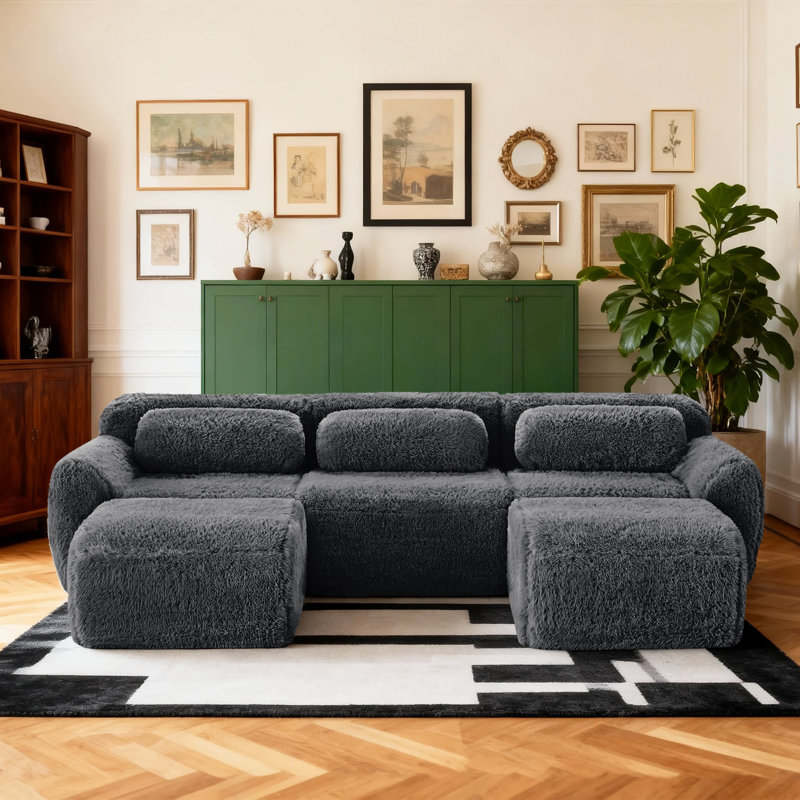 Canapé modulaire en U en forme de U avec deux repose-pieds et coussins de taille, Fausse fourrure grise foncée