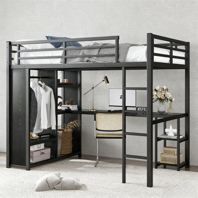 Lit mezzanine double avec bureau et rangement, lits mezzanine en métal avec garde-robe et tablettes, cadre de lit mezzanine pour adolescents, enfants et adultes, structure stable qui ne grince pas