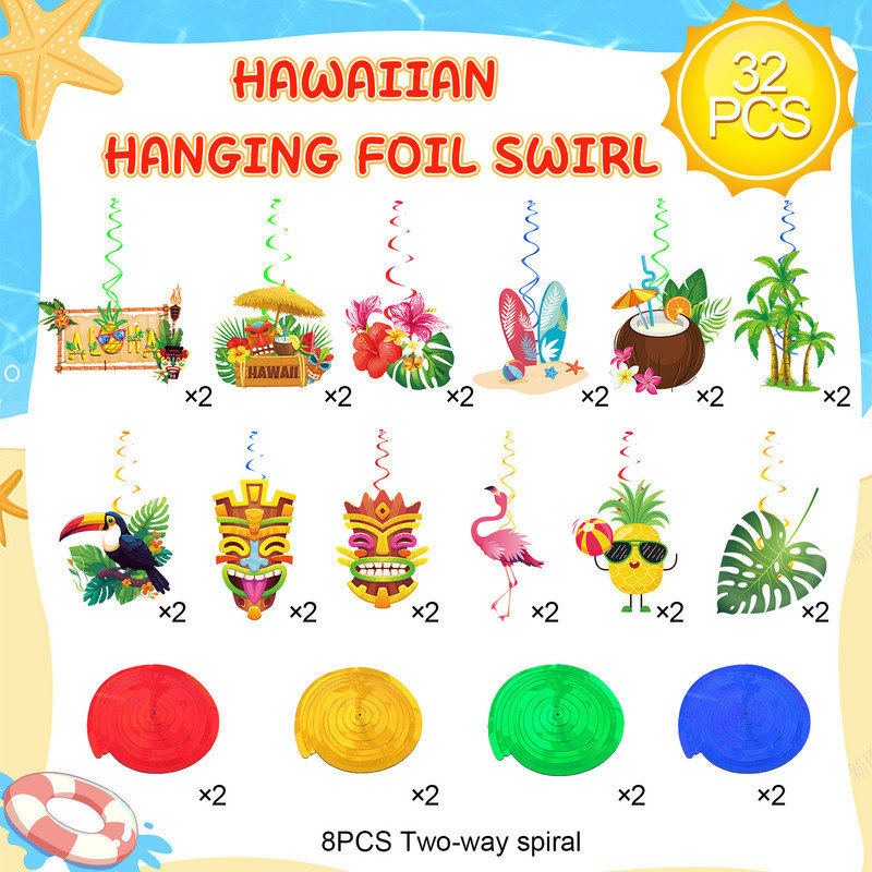 32pcs Aloha Party Supplies Hawaiian Luau Hanging Swirls