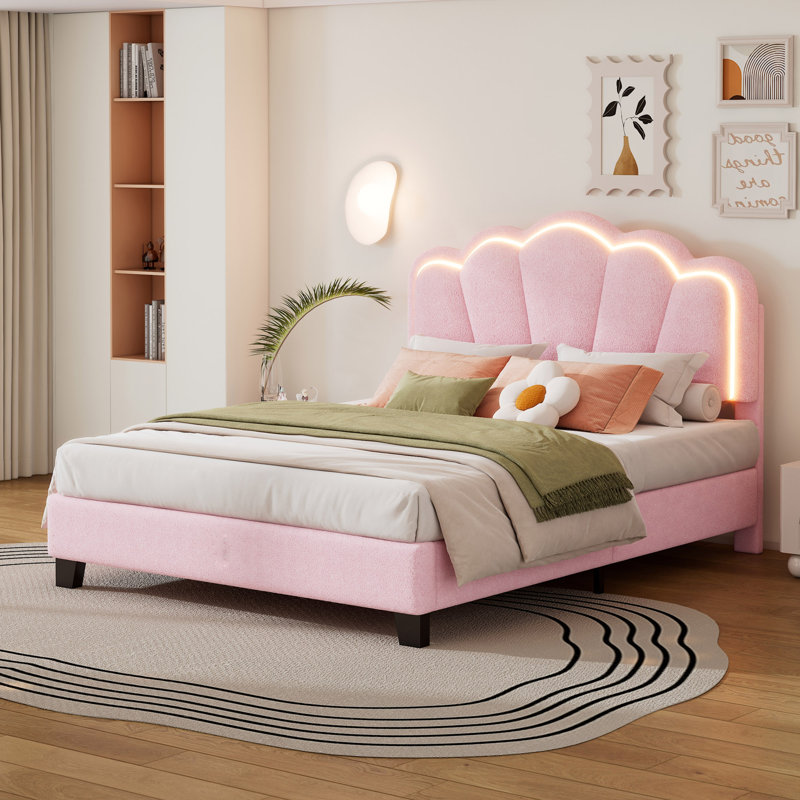 Upholstered Flower-Shape Bed, Elegant Flowers Headboard With LED Light Strip, Full, Pink