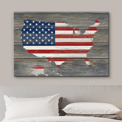 Country Flag " American Flag Over United States Map On Wood Panel "