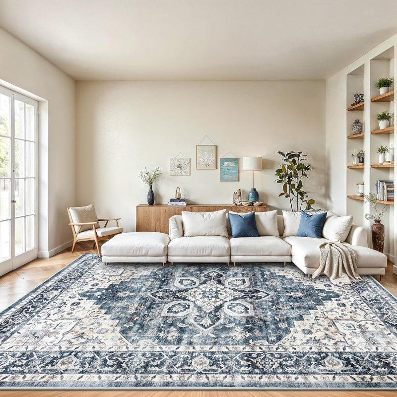 Tapis lavable 9 x 12, grand tapis à profil bas avec envers antidérapant et bordure durable, grands tapis rétro pour le salon, la chambre à coucher et la salle à manger