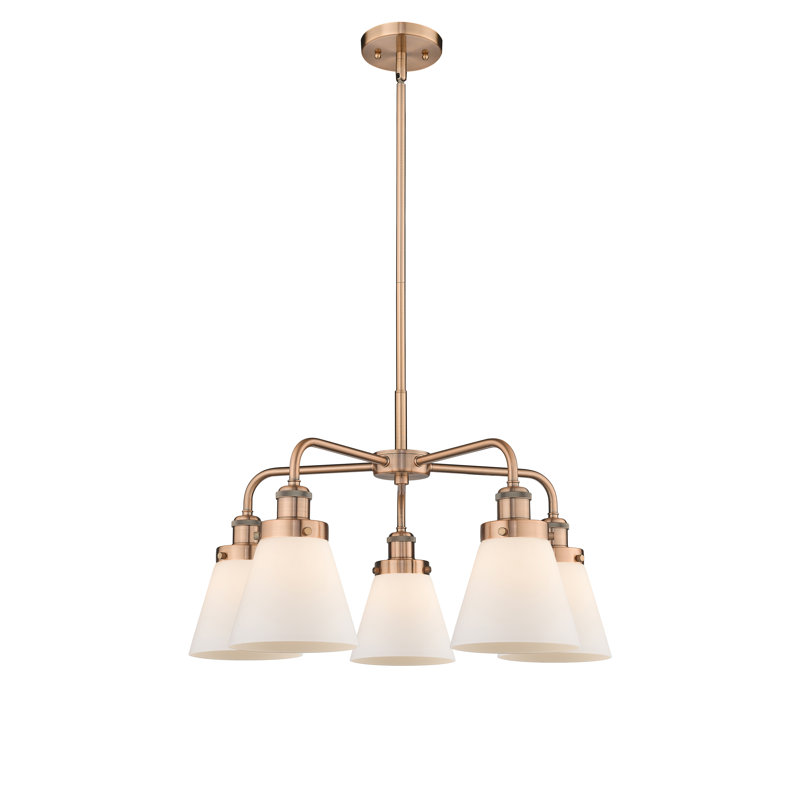 Cone 5 Light Stem Hung Chandelier, Matte White, Antique Copper