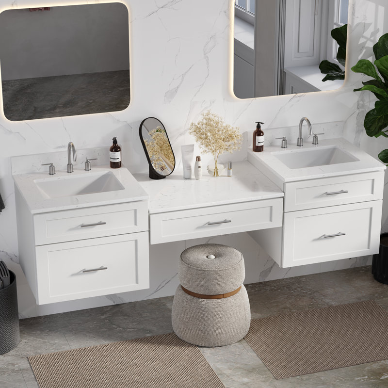  Meuble-lavabo mural double 78 po avec comptoir Carrara, Blanc