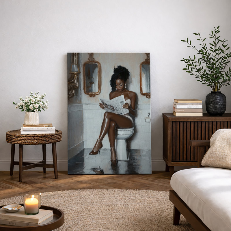 Elegance "Glamorous Woman Reading Newspaper Chic Artwork, Bathroom/Vanity Room/Powder Room Decor Wall Pictures, Large Framed Canvas Digital Giclee Print Wall Art"