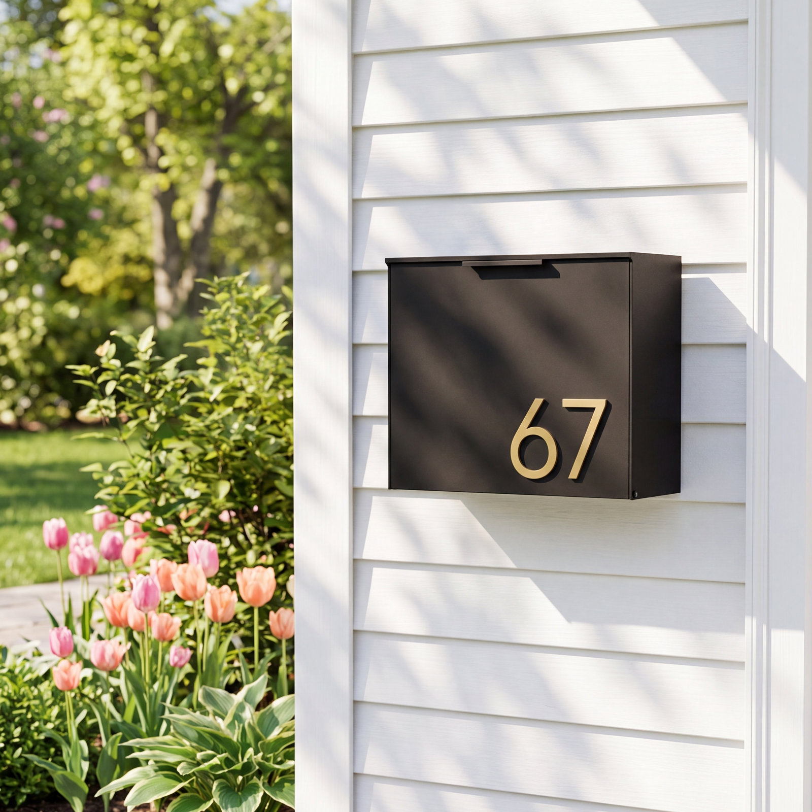 Wall-Mounted Steel Mailbox, Black, Yes, Brass