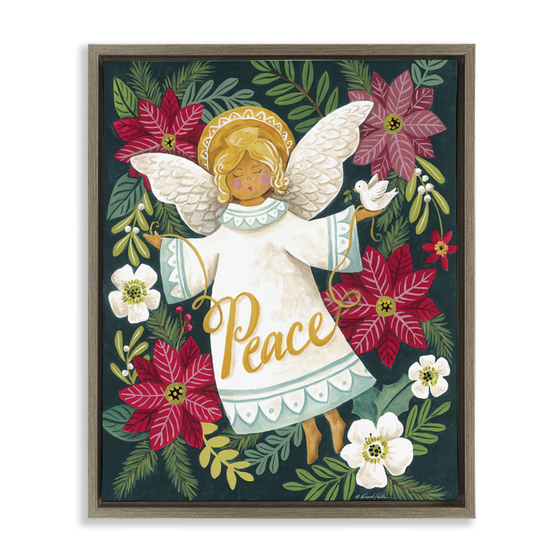 Ange avec cadre flottant Peace and Botanicals, design par Diane Kater, H 21 po x l 17 po, Cadre flottant orme Montalcino