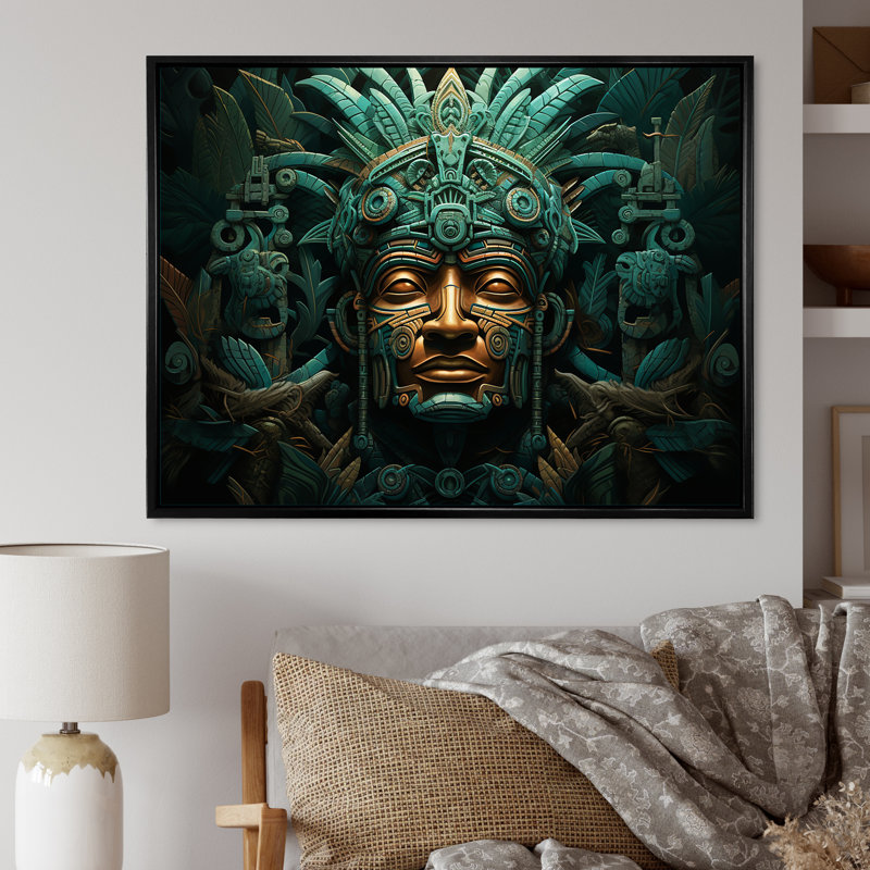 Maya Magic Aztec Mask I - Art mural mexicain, H 16 po x l 32 po x P 1 po, Cadre flottant noir