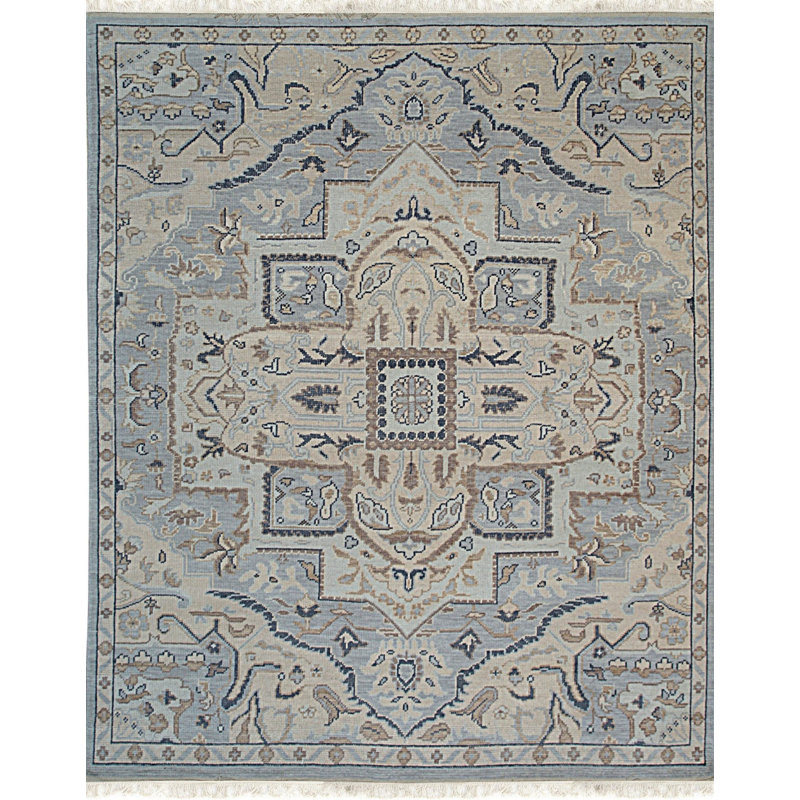 Blue Hand-Knotted Wool Framed Medallion Geometric Modern Contemporary Carpet Rug, 8' x 10'